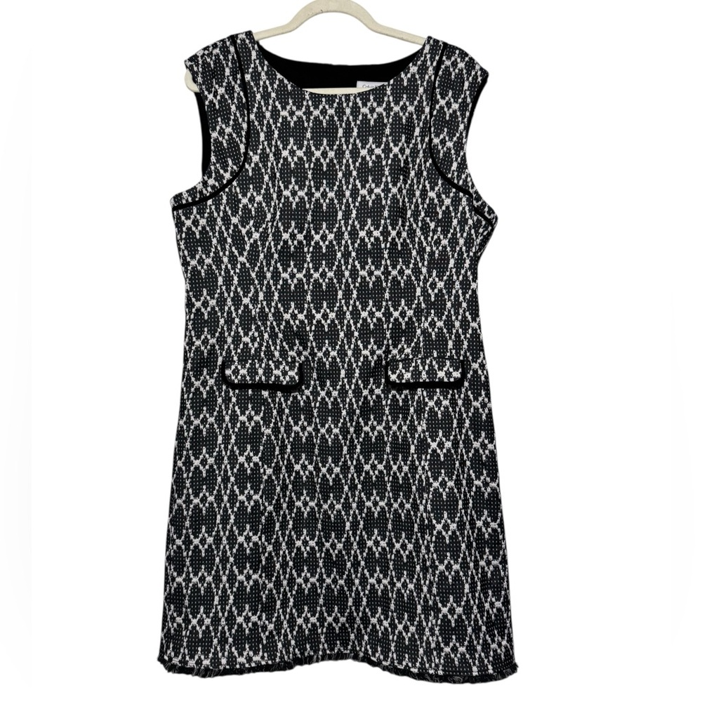 Calvin‎ Klein Navy Blue White Tweed Pencil Sheath Office Dress Plus Size 14